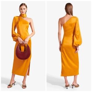 Staud Farrah Dress One Shoulder Midi Cumin Orange Size 4‎